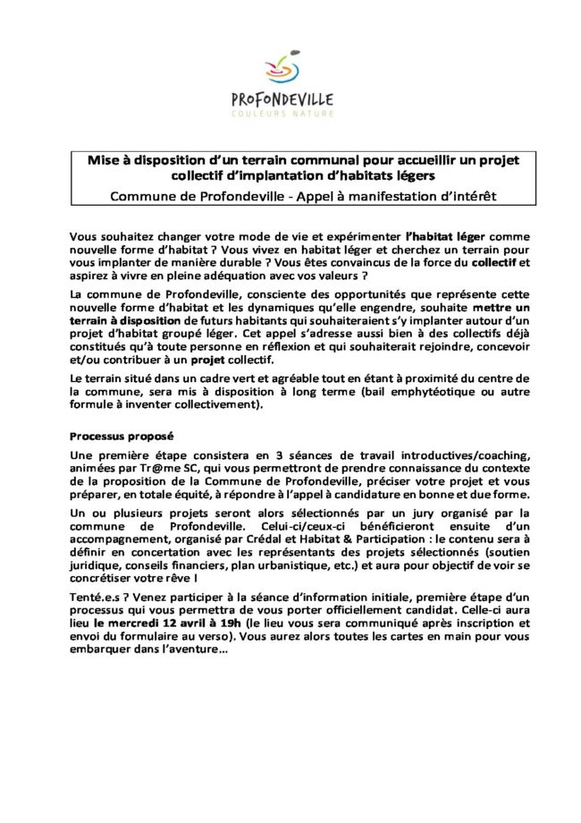 Appel à intérêt : La Commune de Profondeville met un terrain d’1 Ha à disposition d’un collectif de futurs habitants souhaitant vivre en habitat léger groupé.