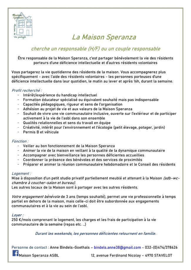 URGENT – La Maison Speranza cherche un responsable (H/F) ou un couple responsable
