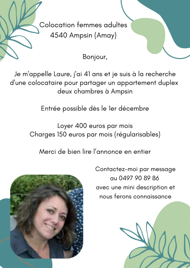 Recherche colocataire femme adulte pour appart duplex deux chambres à Ampsin